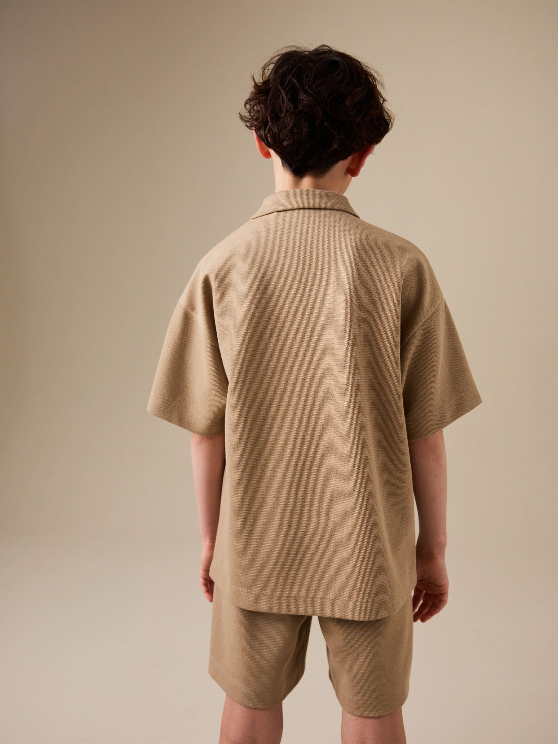 Dsiney Kidz - Tan Brown Short Sleeve Textured Polo Shirt and Shorts Set (3-16yrs) image 3