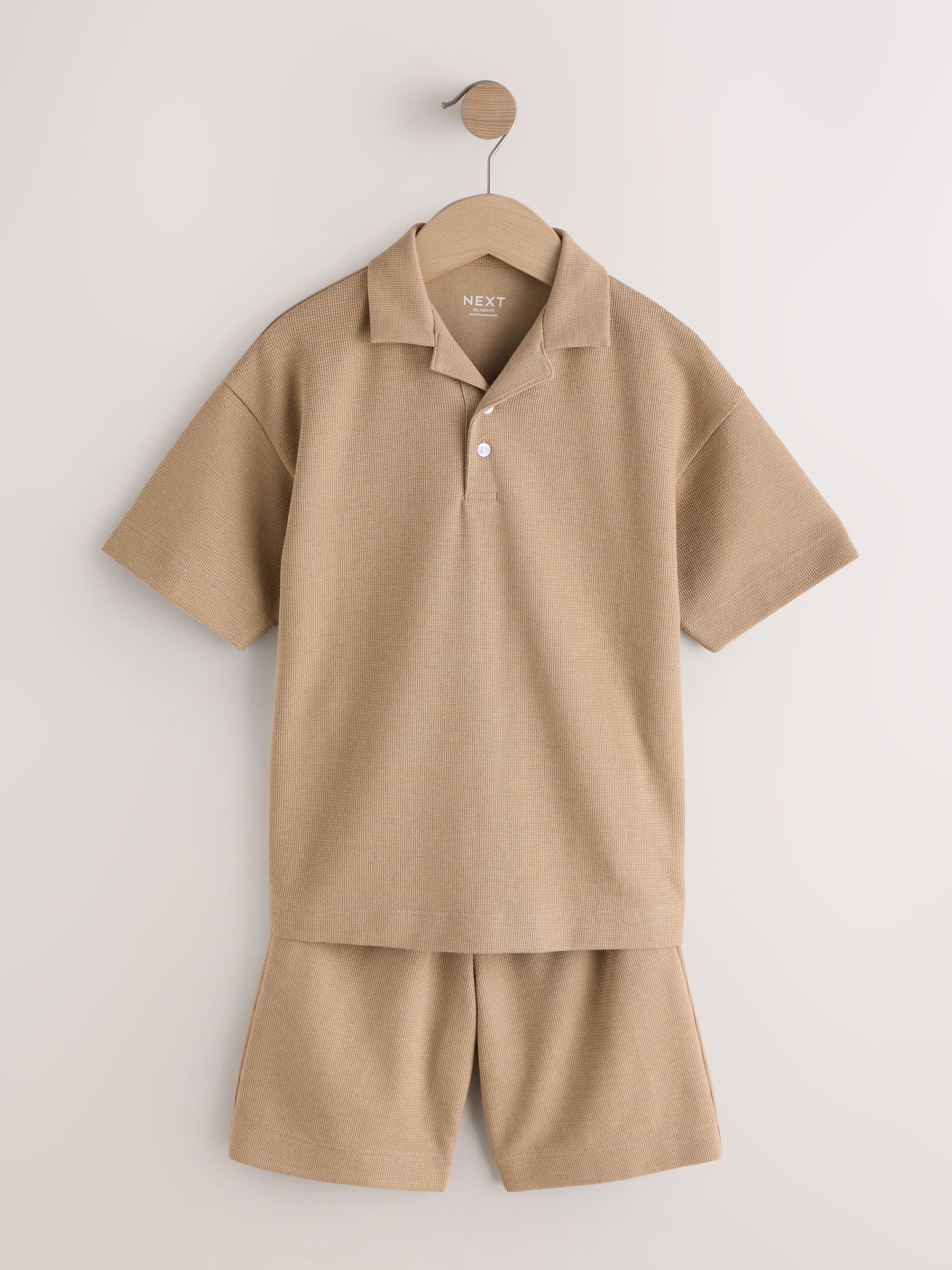 Dsiney Kidz - Tan Brown Short Sleeve Textured Polo Shirt and Shorts Set (3-16yrs) image 5