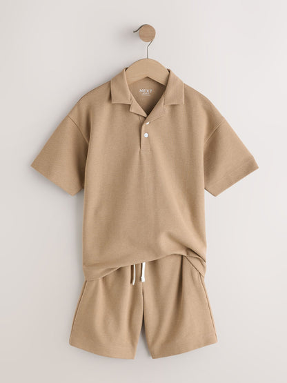 Dsiney Kidz - Tan Brown Short Sleeve Textured Polo Shirt and Shorts Set (3-16yrs) image 6