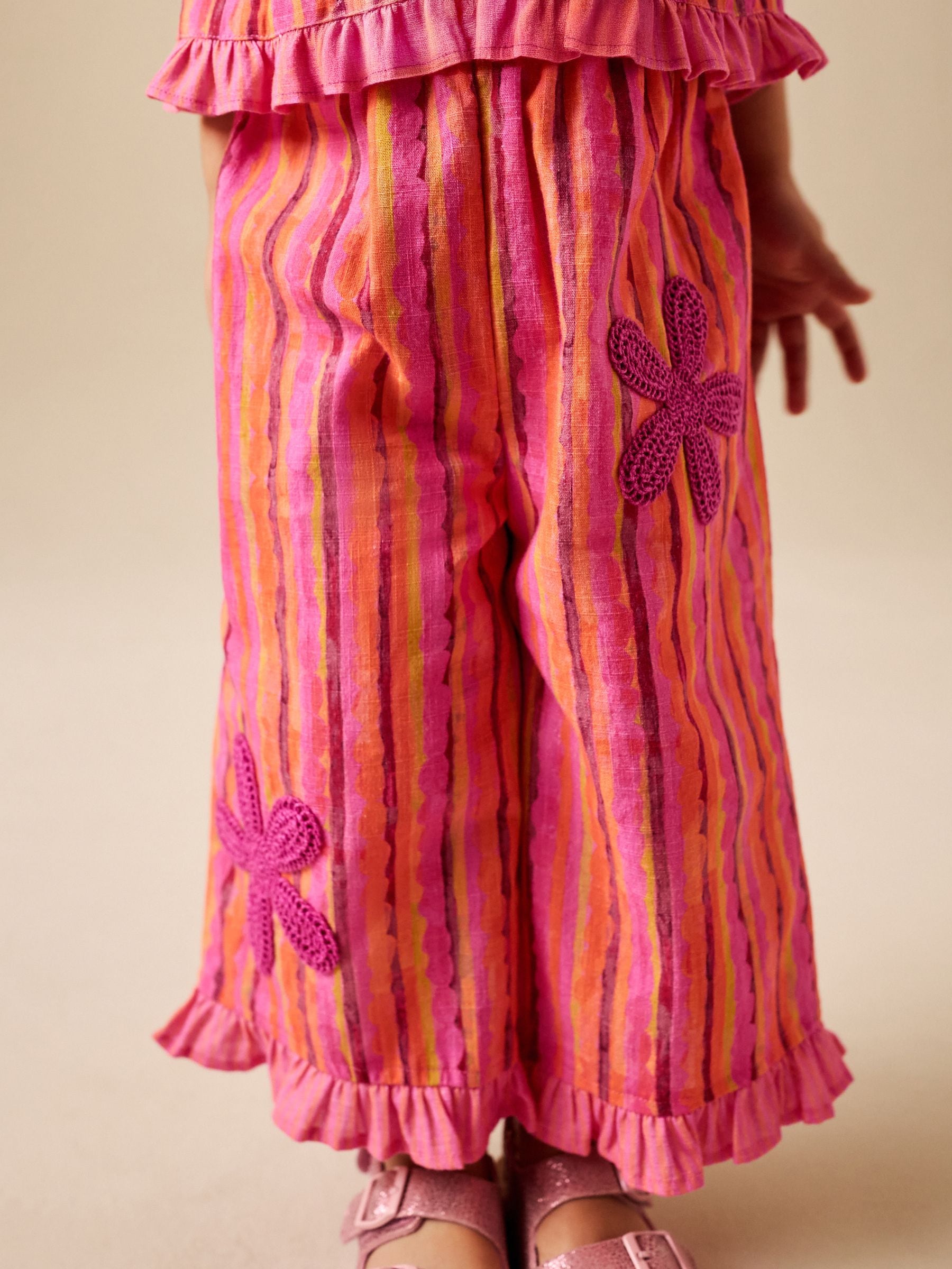 Pink/ Orange Stripe / Crochet Flowers Top & Trousers Set (3mths-7yrs) image 4