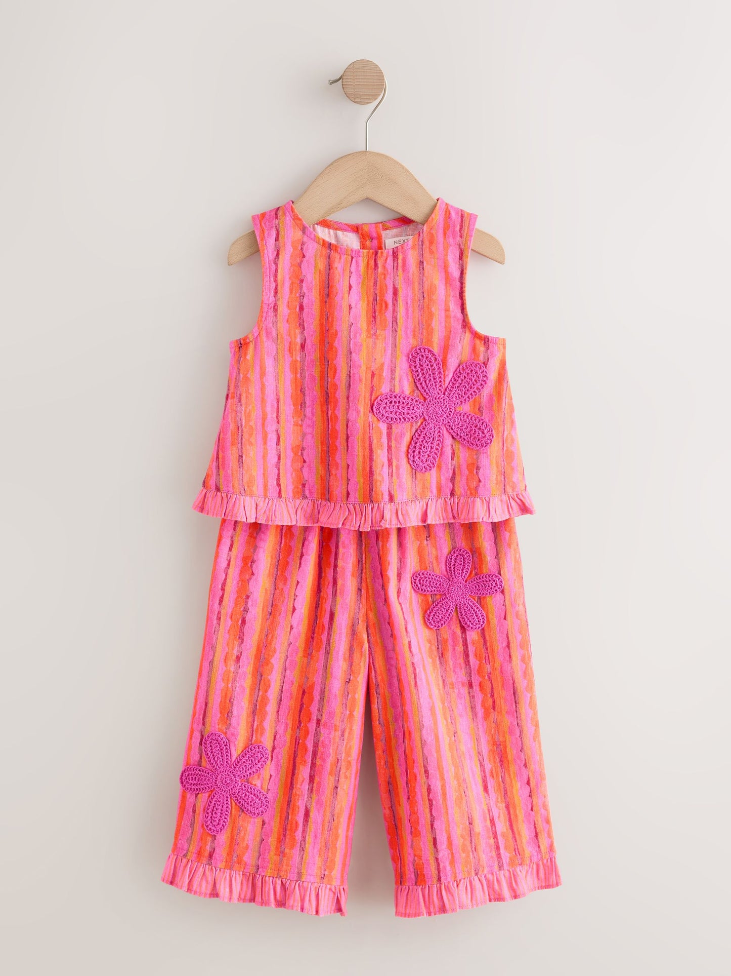 Pink/ Orange Stripe / Crochet Flowers Top & Trousers Set (3mths-7yrs) image 5