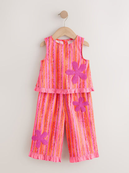 Pink/ Orange Stripe / Crochet Flowers Top & Trousers Set (3mths-7yrs) image 5