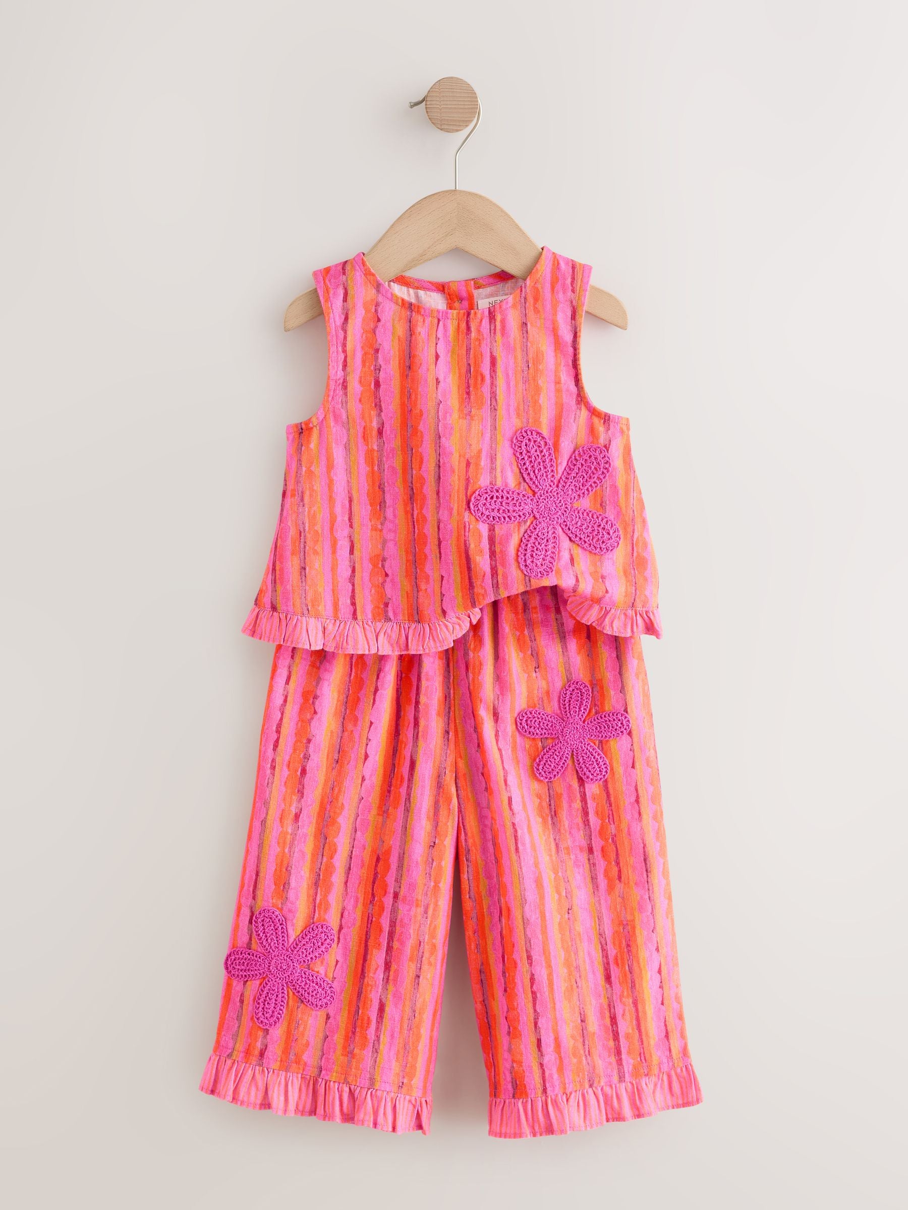 Pink/ Orange Stripe / Crochet Flowers Top & Trousers Set (3mths-7yrs) image 6