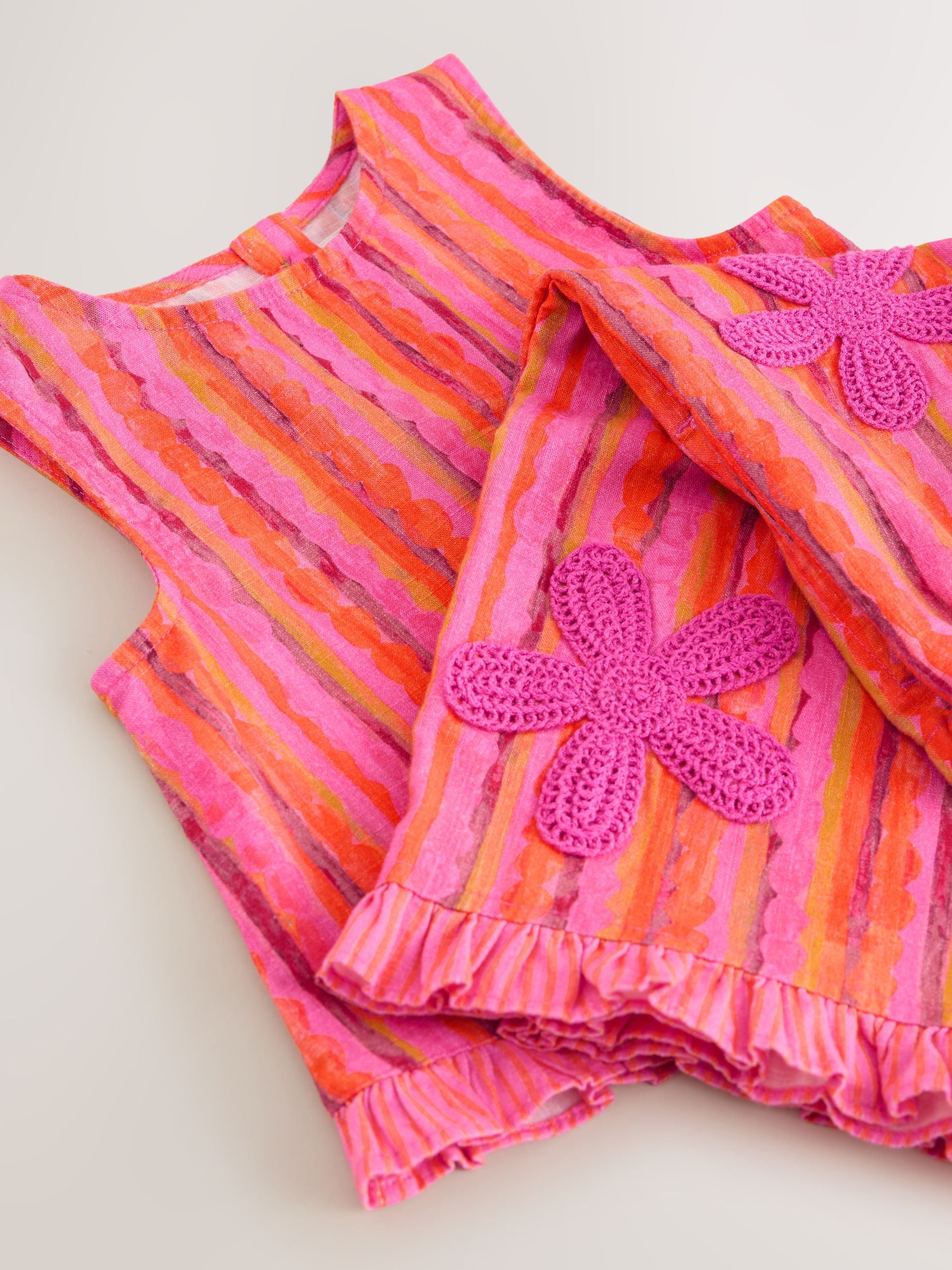 Pink/ Orange Stripe / Crochet Flowers Top & Trousers Set (3mths-7yrs) image 8