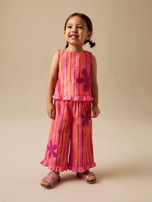 Pink/ Orange Stripe / Crochet Flowers Top & Trousers Set (3mths-7yrs) image 1