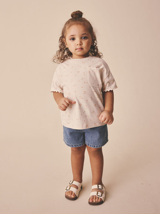 Ecru White Ditsy Floral Short Sleeve Ric Rac Trim T-Shirt (3mths-7yrs) image 1