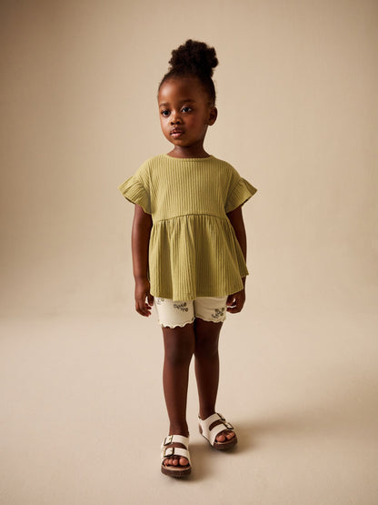 Green Ditsy Floral Ribbed Top and Cycle Shorts Set (3mths-7yrs) image 1