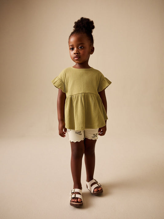 Green Ditsy Floral Ribbed Top and Cycle Shorts Set (3mths-7yrs) image 1