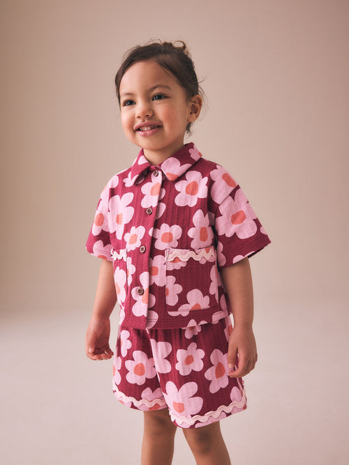 Pink/Plum Stampy Flower Short Sleeve Button Shirt and Shorts Set (3mths-7yrs) image 1