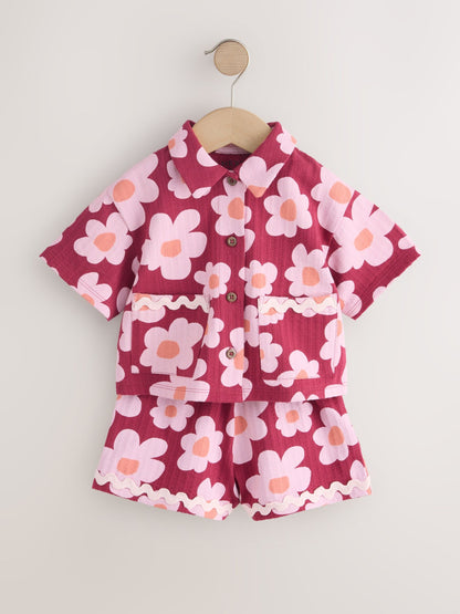Pink/Plum Stampy Flower Short Sleeve Button Shirt and Shorts Set (3mths-7yrs) image 5