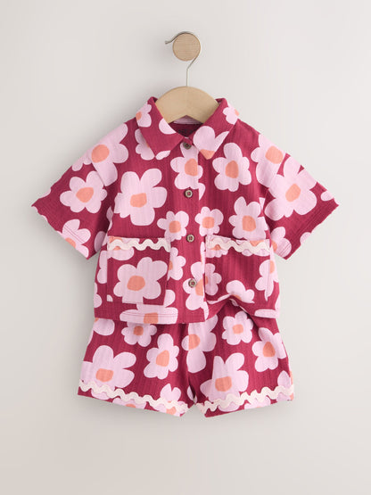 Pink/Plum Stampy Flower Short Sleeve Button Shirt and Shorts Set (3mths-7yrs) image 6
