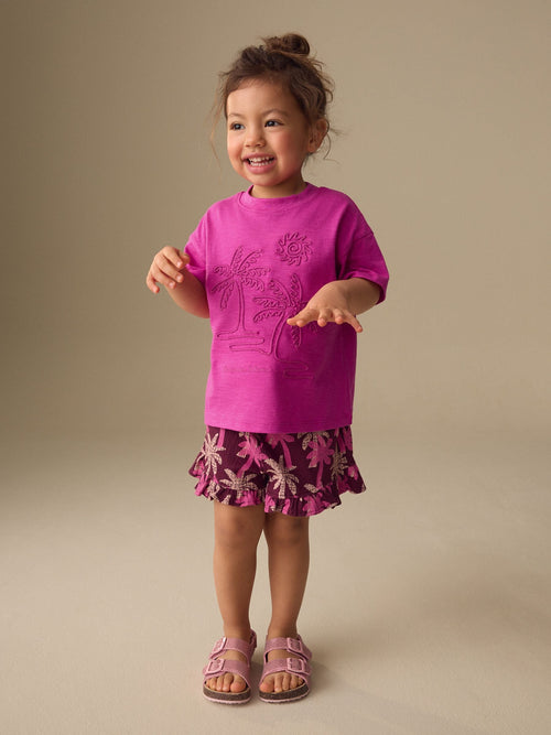 Pink/Purple Palm Tree Embroidery Short Sleeve Top and Shorts Set (3mths-7yrs) image 1