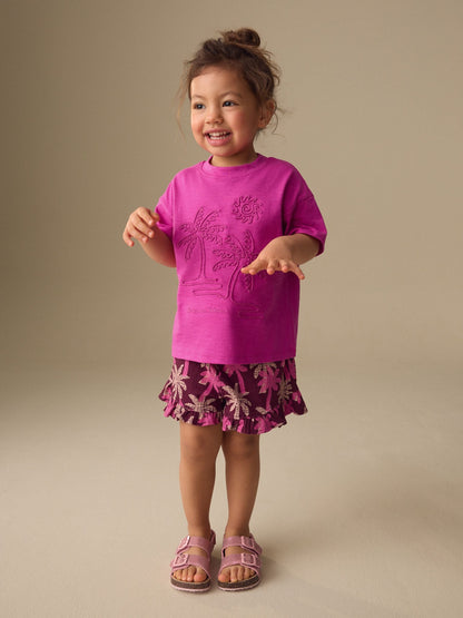 Pink/Purple Palm Tree Embroidery Short Sleeve Top and Shorts Set (3mths-7yrs) image 1