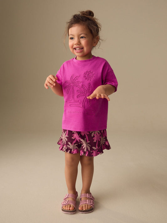 Pink/Purple Palm Tree Embroidery Short Sleeve Top and Shorts Set (3mths-7yrs) image 1