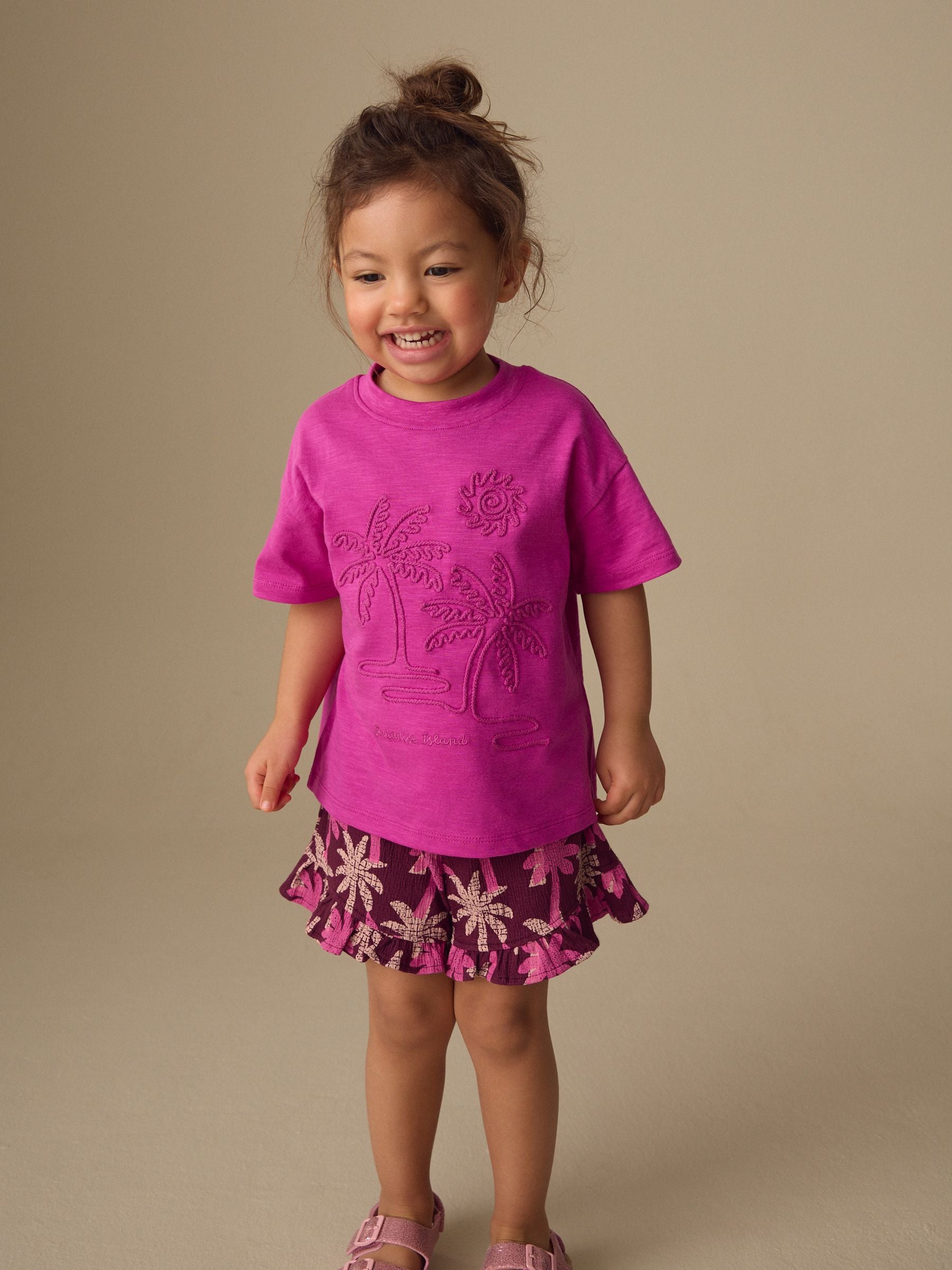 Pink/Purple Palm Tree Embroidery Short Sleeve Top and Shorts Set (3mths-7yrs) image 3