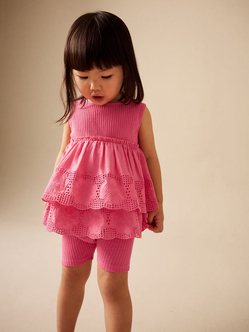 Pink Broderie Peplum Vest and Cycle Shorts Set (3mths-7yrs) image 1