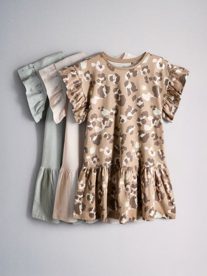 Dsiney Kidz - The Set Short Frill Sleeve Drop Waist Jersey Dresses 3 Pack Pink/Green/Leopard Print image 1