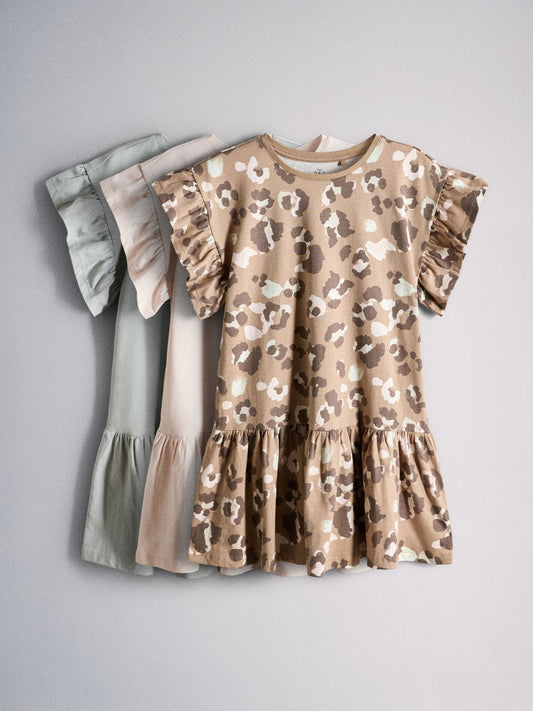 Dsiney Kidz - The Set Short Frill Sleeve Drop Waist Jersey Dresses 3 Pack Pink/Green/Leopard Print image 1