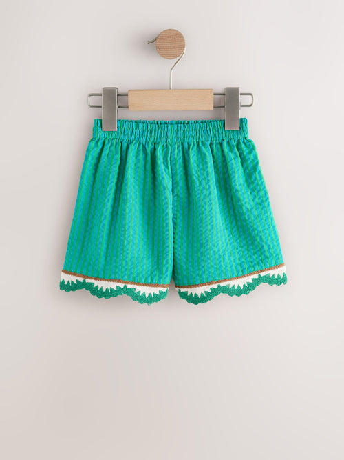 Green Seersucker Stripe Crochet Trim Shorts (3mths-7yrs) image 1