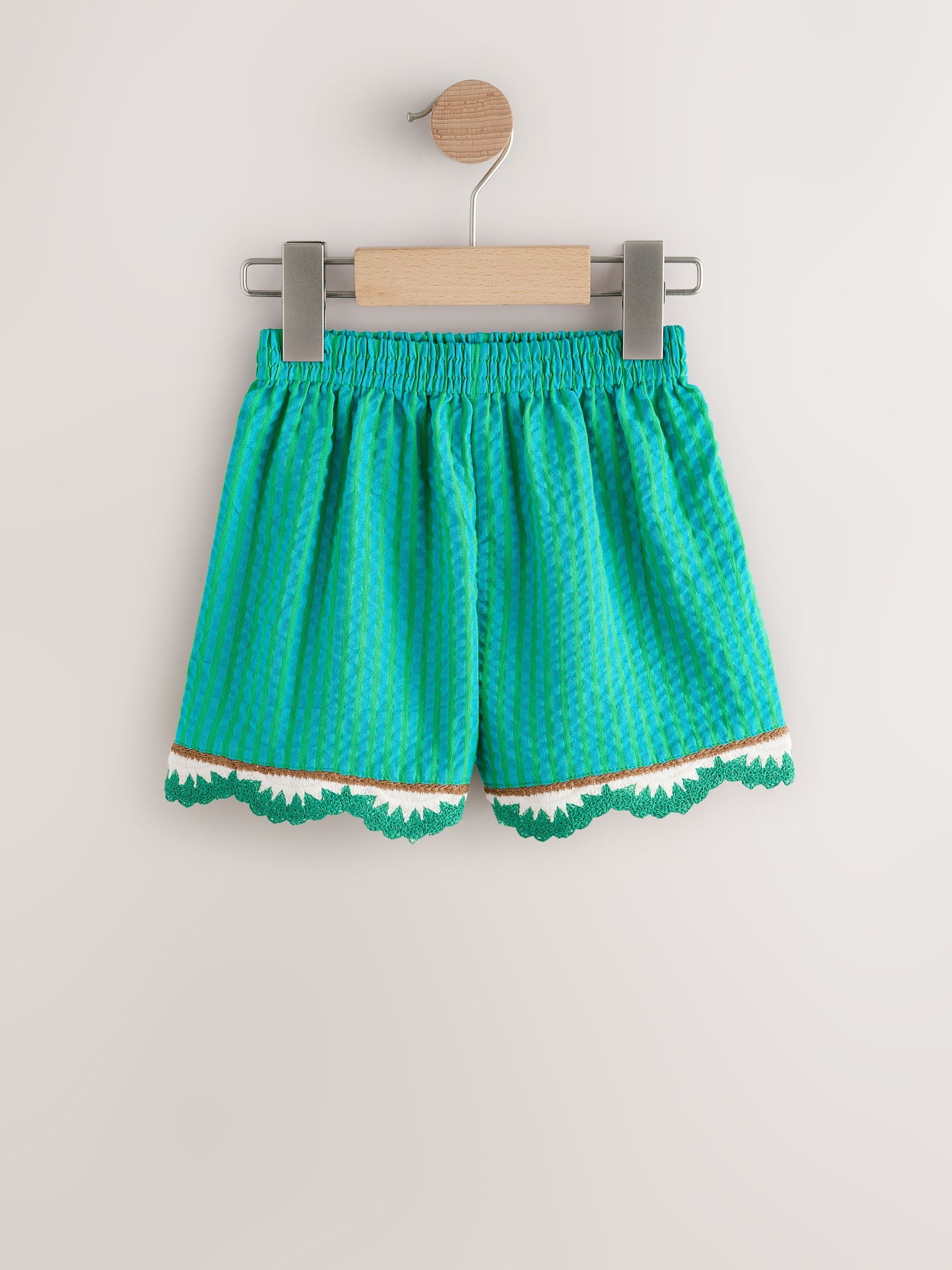 Green Seersucker Stripe Crochet Trim Shorts (3mths-7yrs) image 1