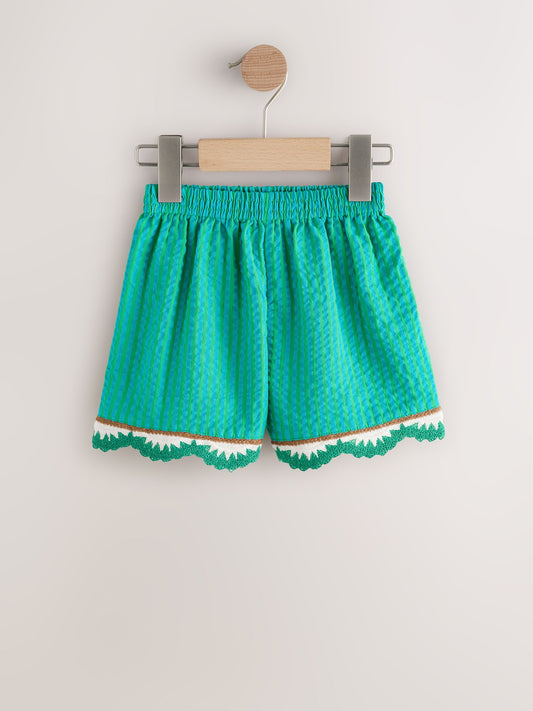 Green Seersucker Stripe Crochet Trim Shorts (3mths-7yrs) image 1