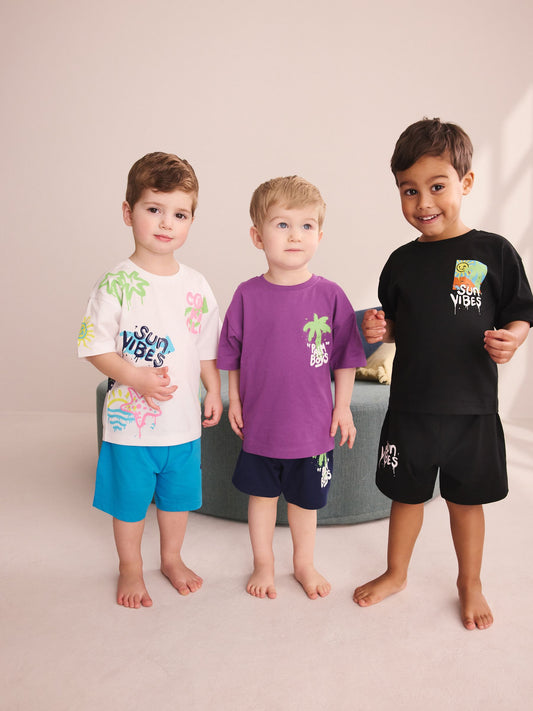 Black/Purple/White Graffiti Beach Vibes Short Pyjamas 3 Pack (9mths-12yrs) image 1