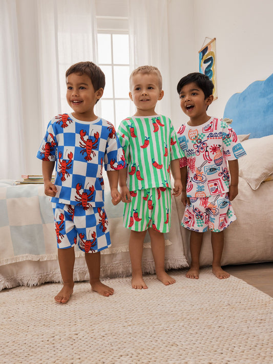 Blue/Green/Red/White Lobster & Chilii Seaside Short Pyjamas 3 Pack (9mths-10yrs) image 1