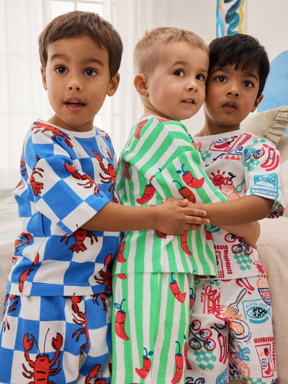 Blue/Green/Red/White Lobster & Chilii Seaside Short Pyjamas 3 Pack (9mths-10yrs) image 5