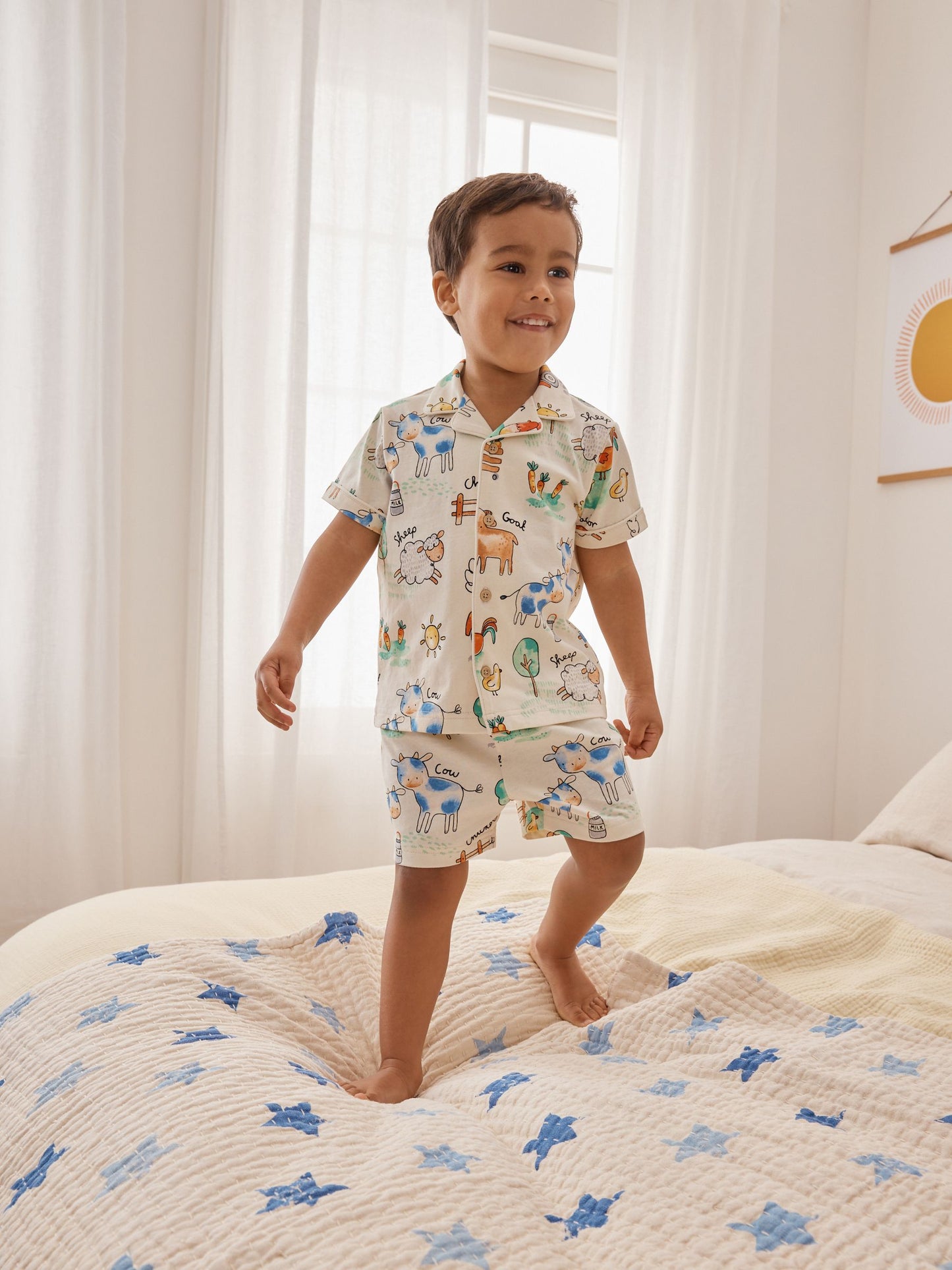 Ecru/Yellow/Blue/Green Farmyard Single Button Through Short Pyjamas (9mths-8yrs) image 1
