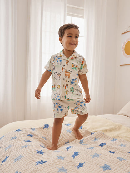 Ecru/Yellow/Blue/Green Farmyard Single Button Through Short Pyjamas (9mths-8yrs) image 1