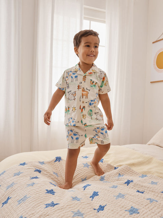 Ecru/Yellow/Blue/Green Farmyard Single Button Through Short Pyjamas (9mths-8yrs) image 1
