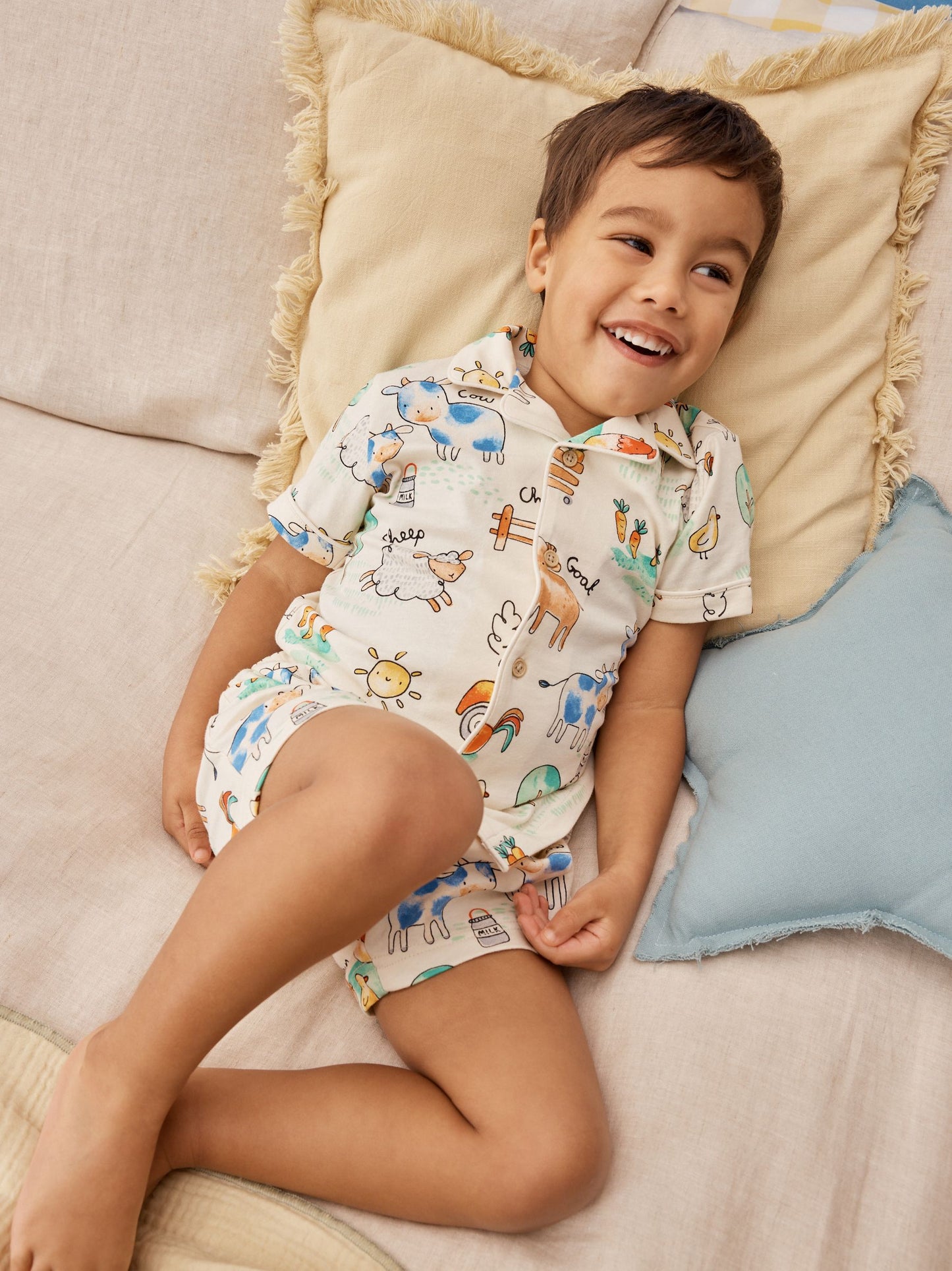 Ecru/Yellow/Blue/Green Farmyard Single Button Through Short Pyjamas (9mths-8yrs) image 3