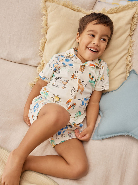 Ecru/Yellow/Blue/Green Farmyard Single Button Through Short Pyjamas (9mths-8yrs) image 3