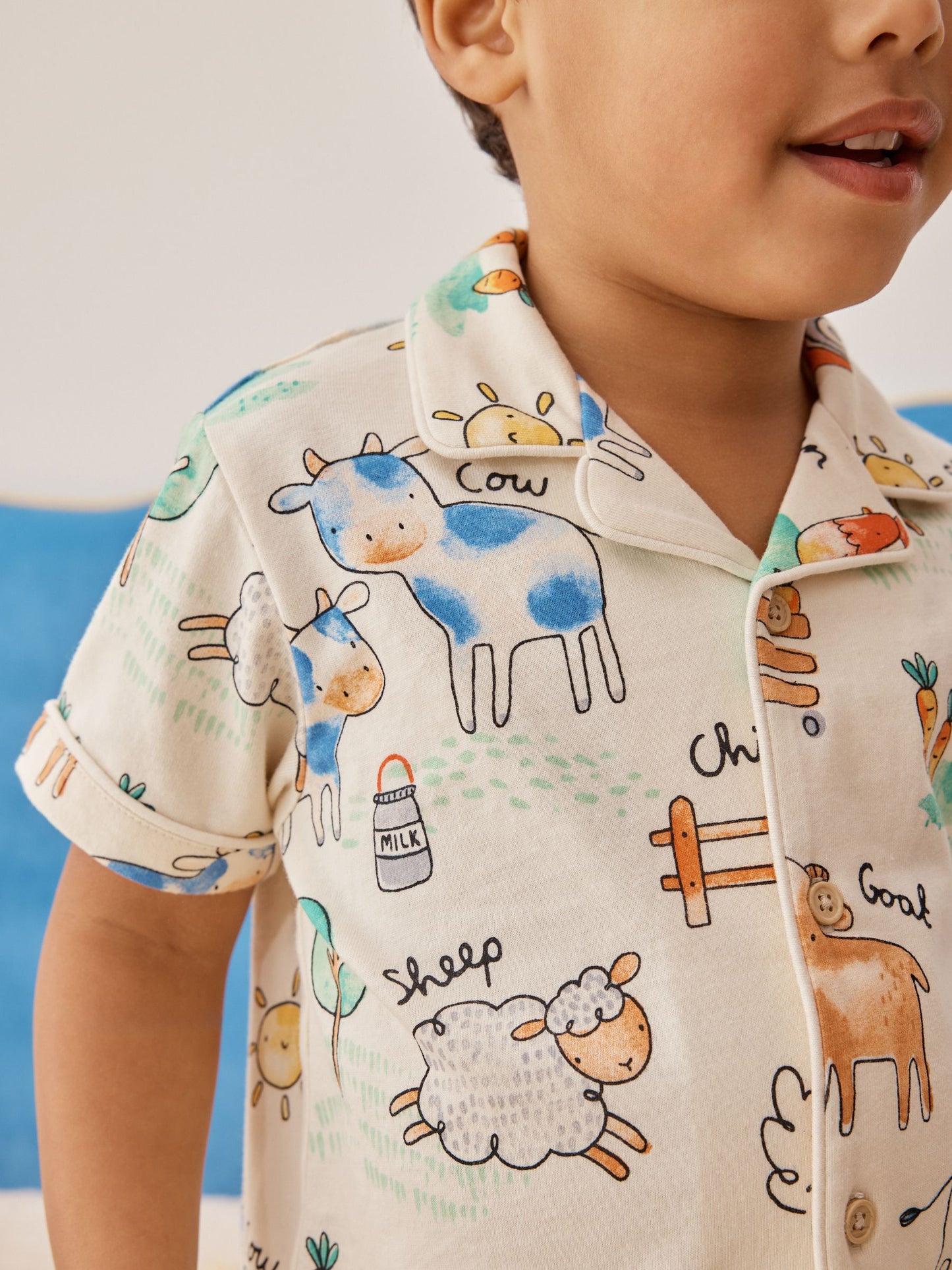 Ecru/Yellow/Blue/Green Farmyard Single Button Through Short Pyjamas (9mths-8yrs) image 4