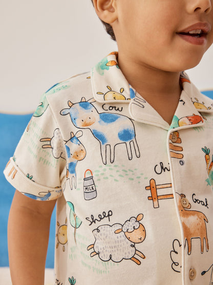 Ecru/Yellow/Blue/Green Farmyard Single Button Through Short Pyjamas (9mths-8yrs) image 4