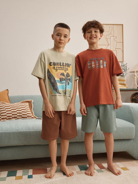 Rust Red/ Ecru Skater Shorts Pyjamas 2 Pack (4-16yrs) image 1