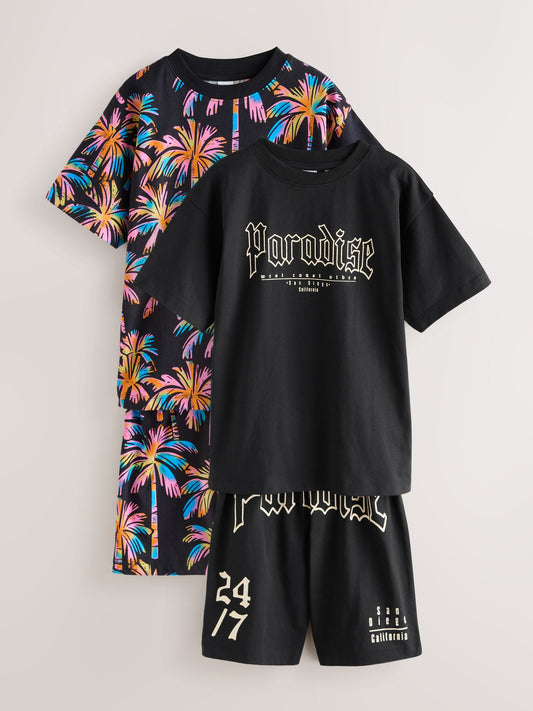 Black/Pink Palm Trees & Paradise Short Pyjamas 2 Pack (3-16yrs) image 1