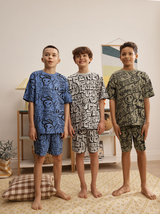 Blue/Green/Cream Grafiti Skulls Short Pyjamas 3 Pack (4-16yrs) image 1