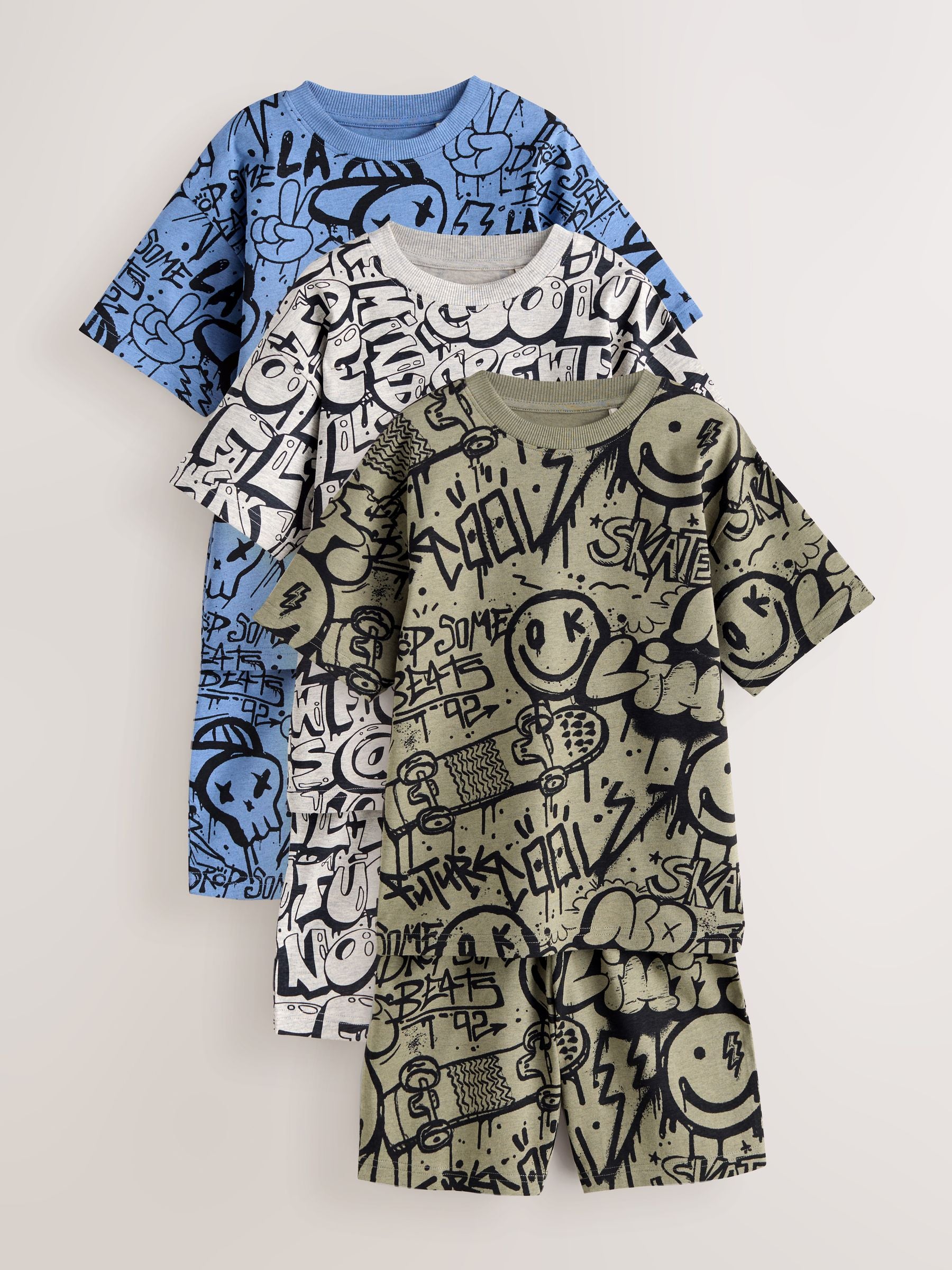 Blue/Green/Cream Grafiti Skulls Short Pyjamas 3 Pack (4-16yrs) image 9