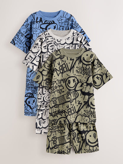 Blue/Green/Cream Grafiti Skulls Short Pyjamas 3 Pack (4-16yrs) image 9