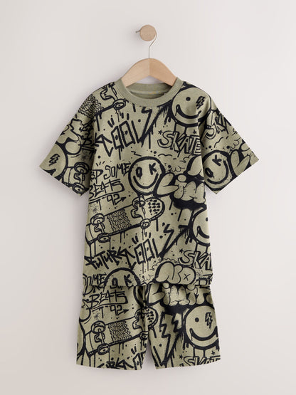 Blue/Green/Cream Grafiti Skulls Short Pyjamas 3 Pack (4-16yrs) image 12