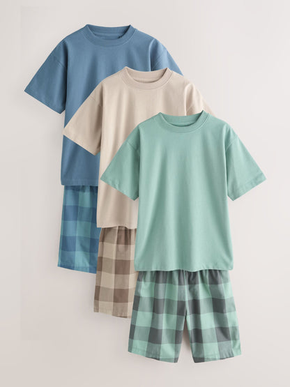 Blue/Green/Stone Woven Short Pyjamas 3 Pack (3-16yrs) image 1