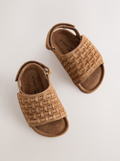 Tan Brown Touch Fastening Leather Slider Sandals image 3
