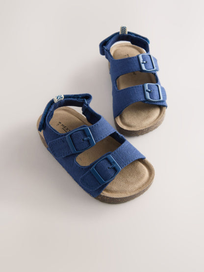 Navy Linen Wide Fit (G) Double Buckle Cushioned Footbed Sandals image 6