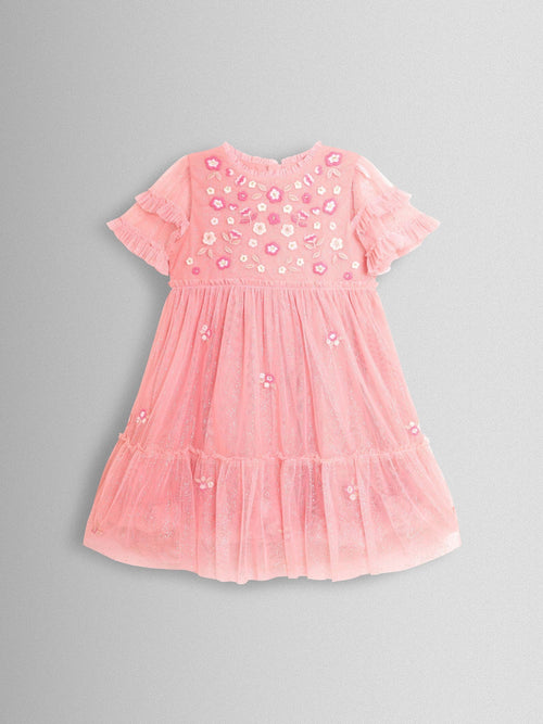 JoJo Maman Bébé Pink Sparkle Floral Embroidered Tiered Tulle Party Dress image 1