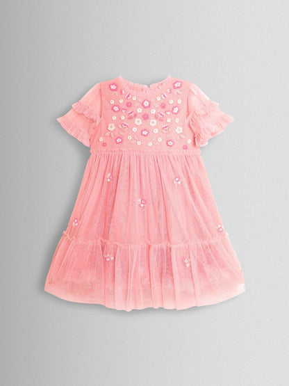 JoJo Maman Bébé Pink Sparkle Floral Embroidered Tiered Tulle Party Dress image 1