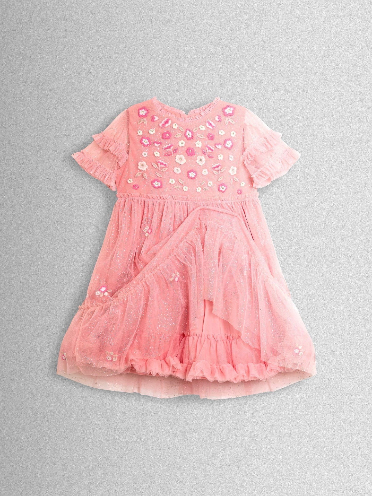 JoJo Maman Bébé Pink Sparkle Floral Embroidered Tiered Tulle Party Dress image 2