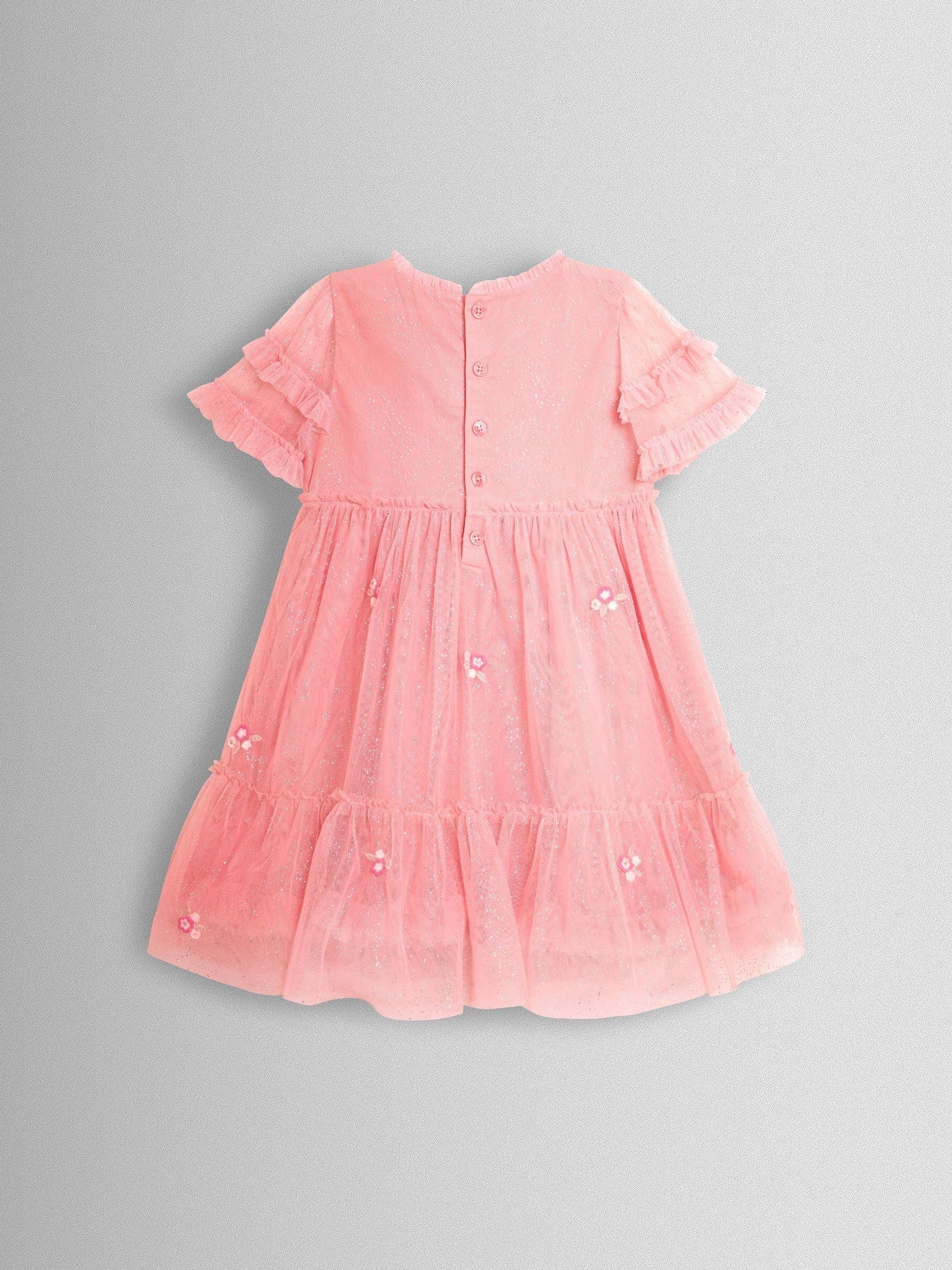JoJo Maman Bébé Pink Sparkle Floral Embroidered Tiered Tulle Party Dress image 3