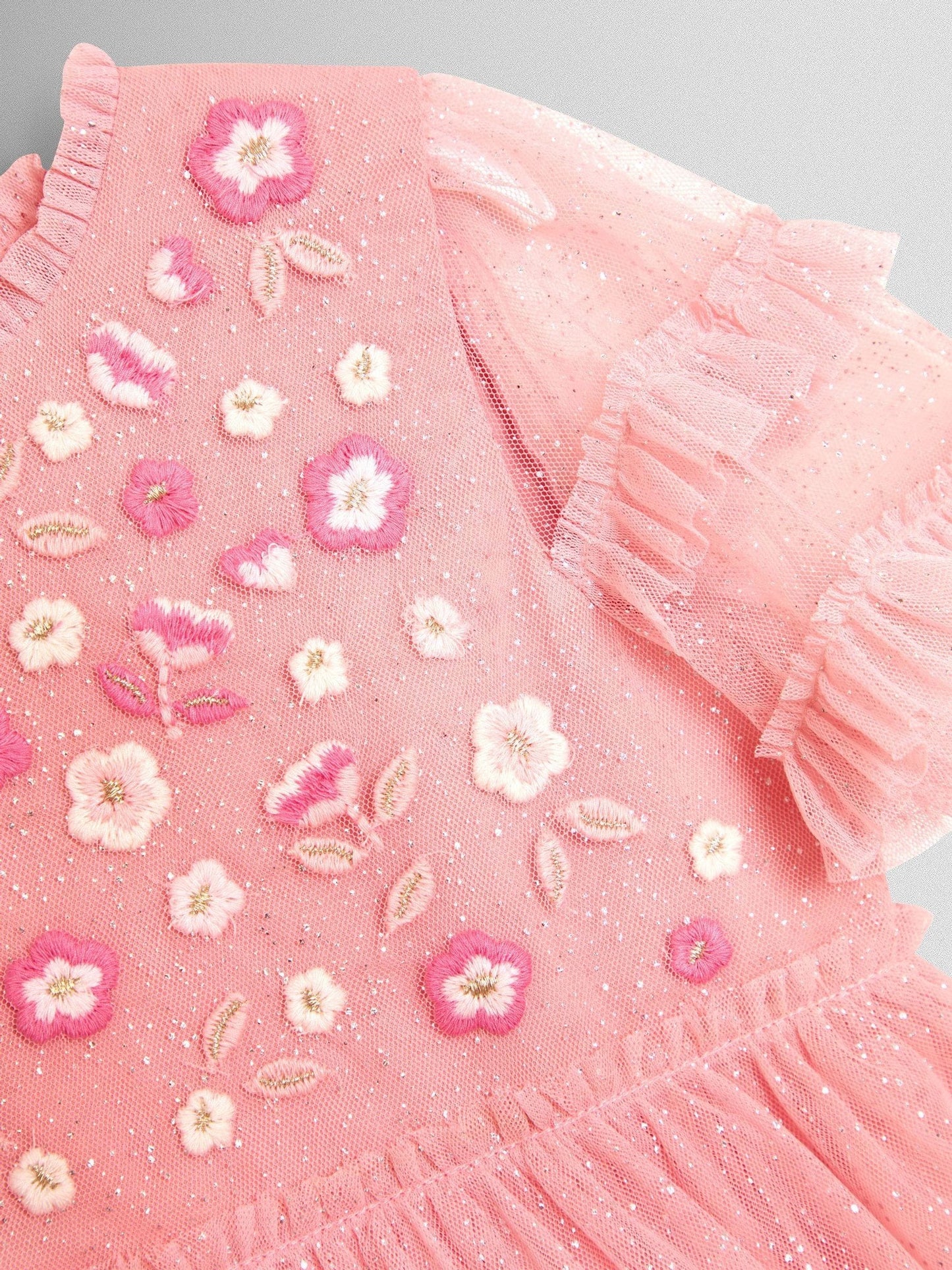 JoJo Maman Bébé Pink Sparkle Floral Embroidered Tiered Tulle Party Dress image 4