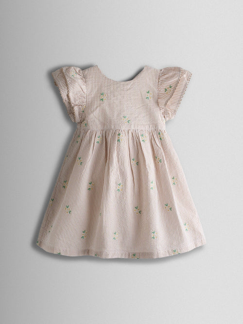 Dsiney Kidz - JoJo Maman Bébé Natural Striped Floral Embroidered Frill Sleeve Dress image 1